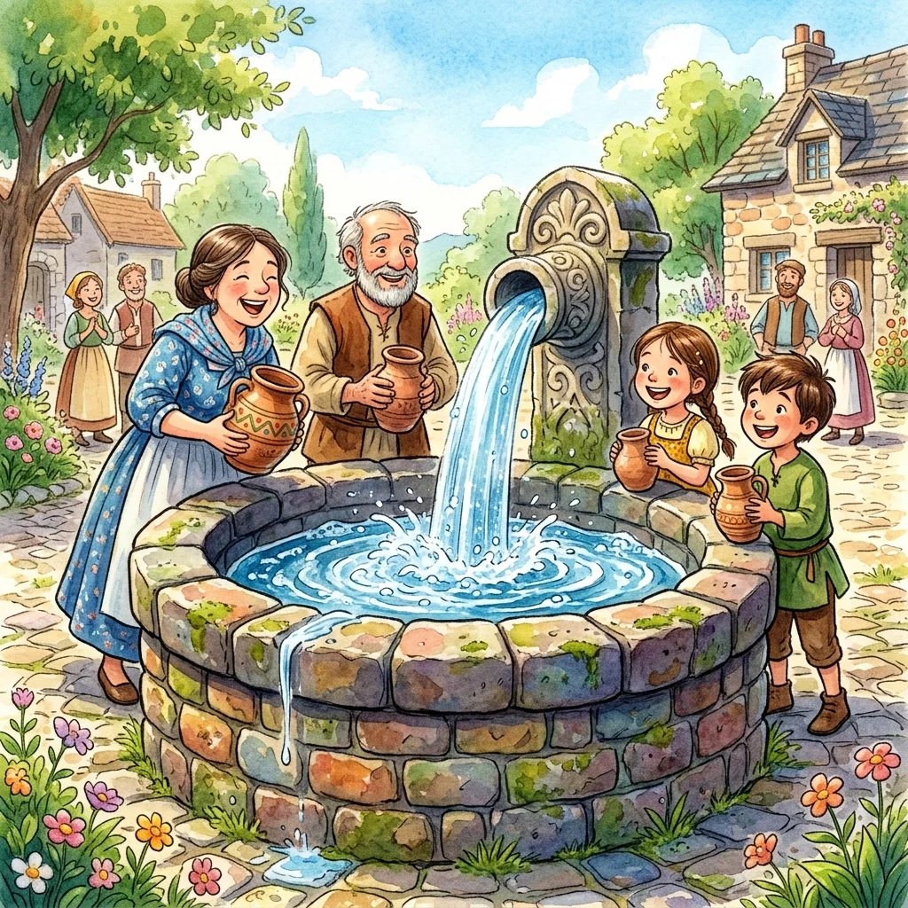 A clean bubbling stream of water pouring from the stone wall inside a round stone well - kindness bedtime story