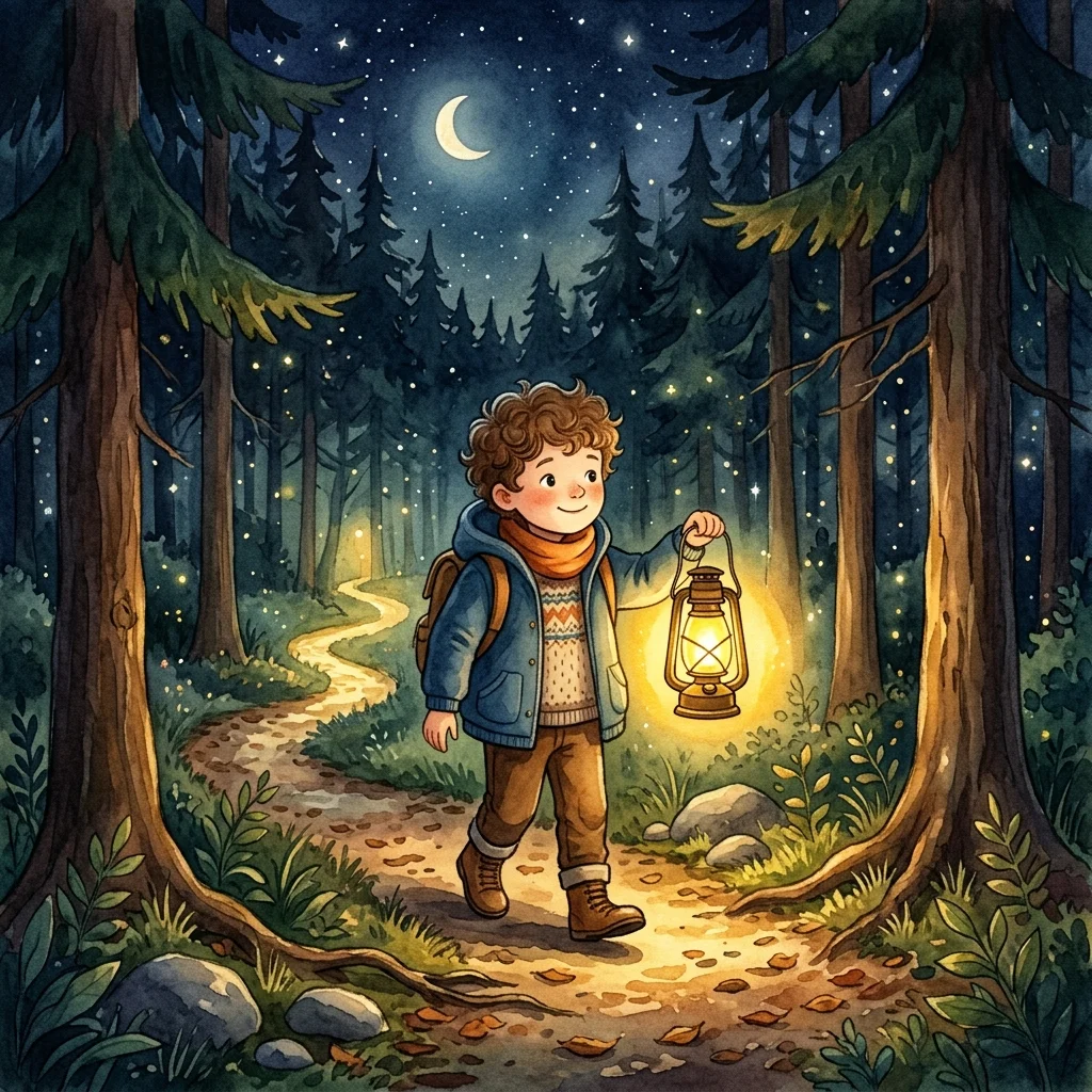 A young boy holding a glowing yellow lantern that shines a warm golden light through pine woods - kindness bedtime story