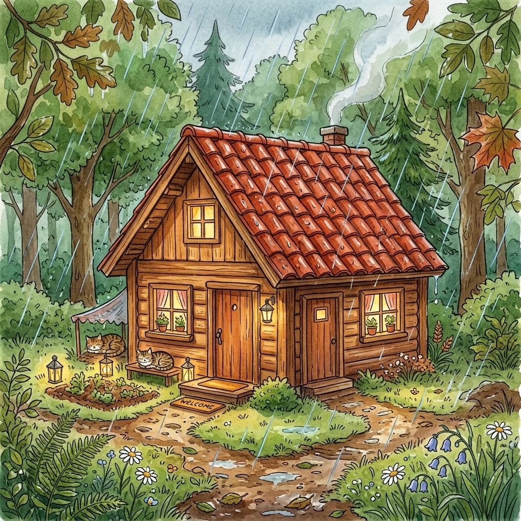 Strong red clay tiles covering the roof of a small cozy wooden cabin - kindness bedtime story