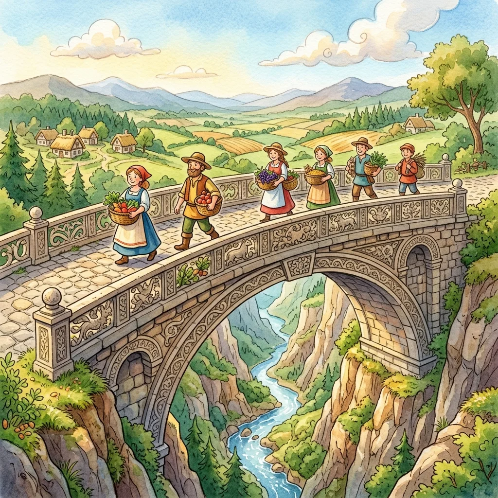 A beautiful arched stone bridge with carved railings spanning across a deep rocky canyon - kindness bedtime story