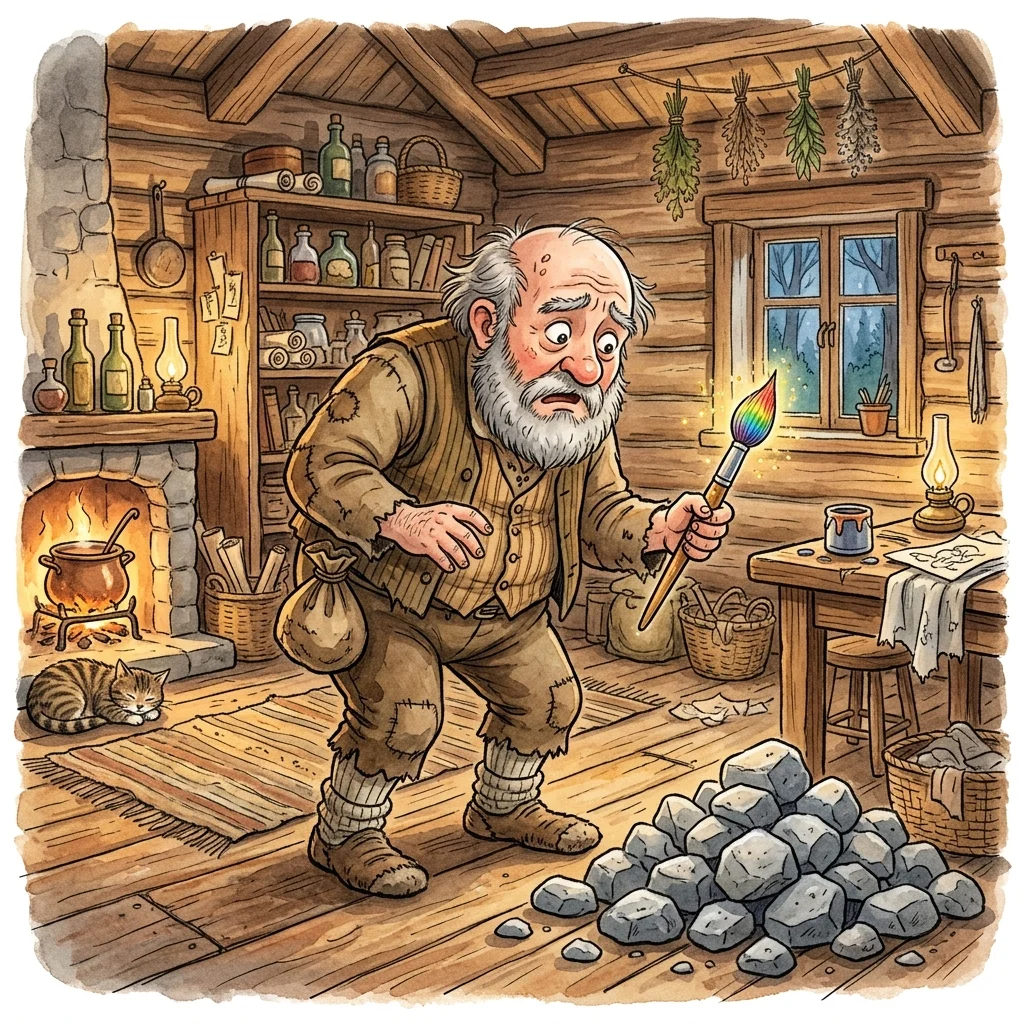 A greedy man in a wooden cottage looking down in surprise and shame at a pile of cold grey stones - kindness bedtime story