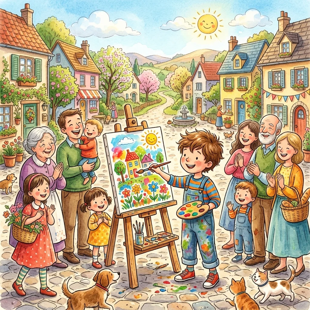 A young boy painting a beautiful colorful picture on a wooden easel - kindness bedtime story