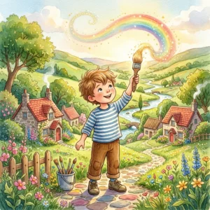 Oliver holding a wooden paintbrush that glows with soft magical golden stardust - kindness bedtime story