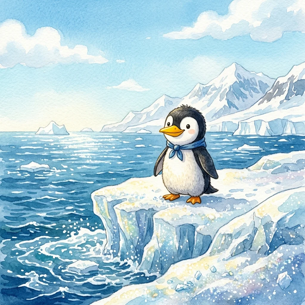 Pippin standing on a sparkling ice shelf at the edge of the southern sea - adventure bedtime story