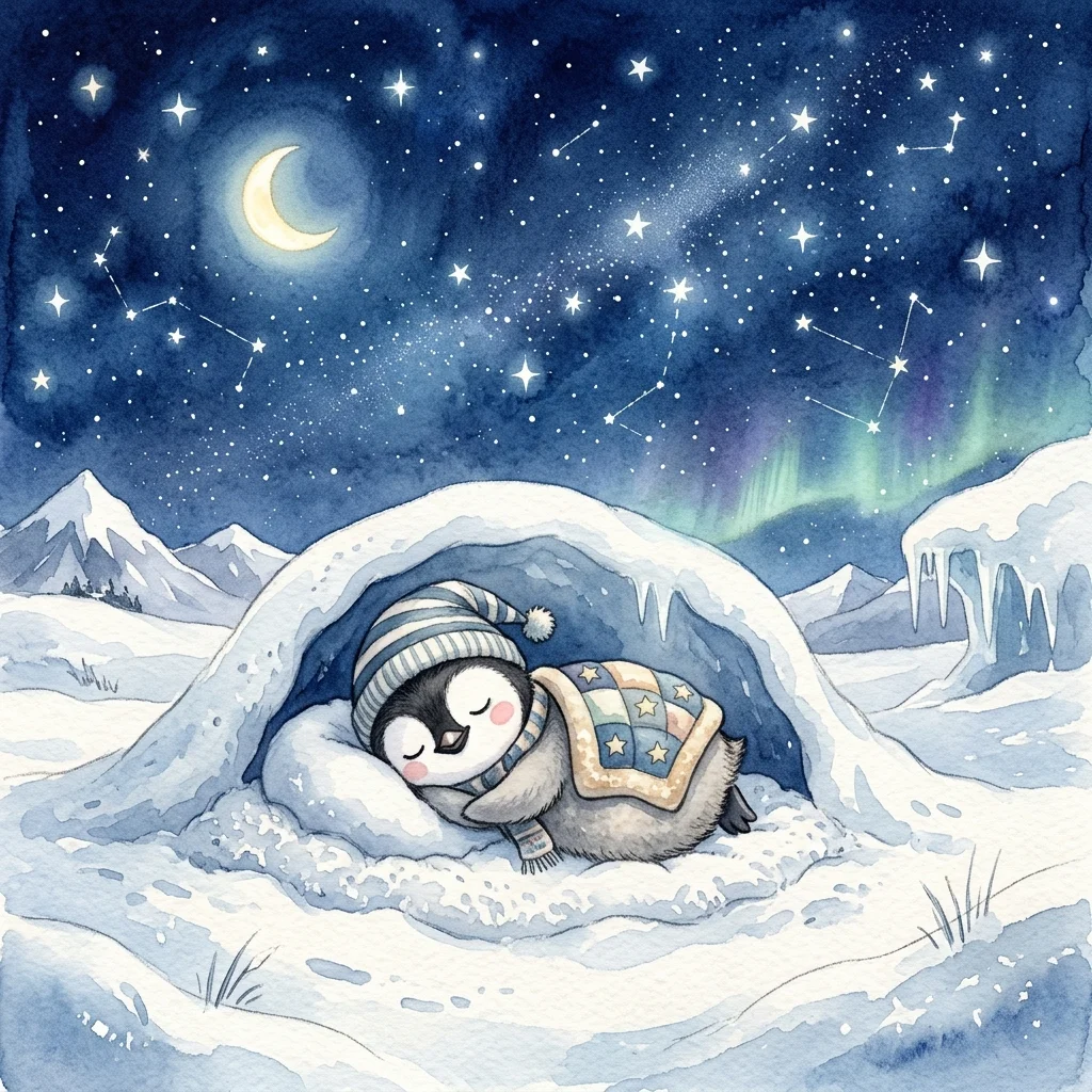 Pippin sleeping soundly on a soft snow bed under bright stars - adventure bedtime story