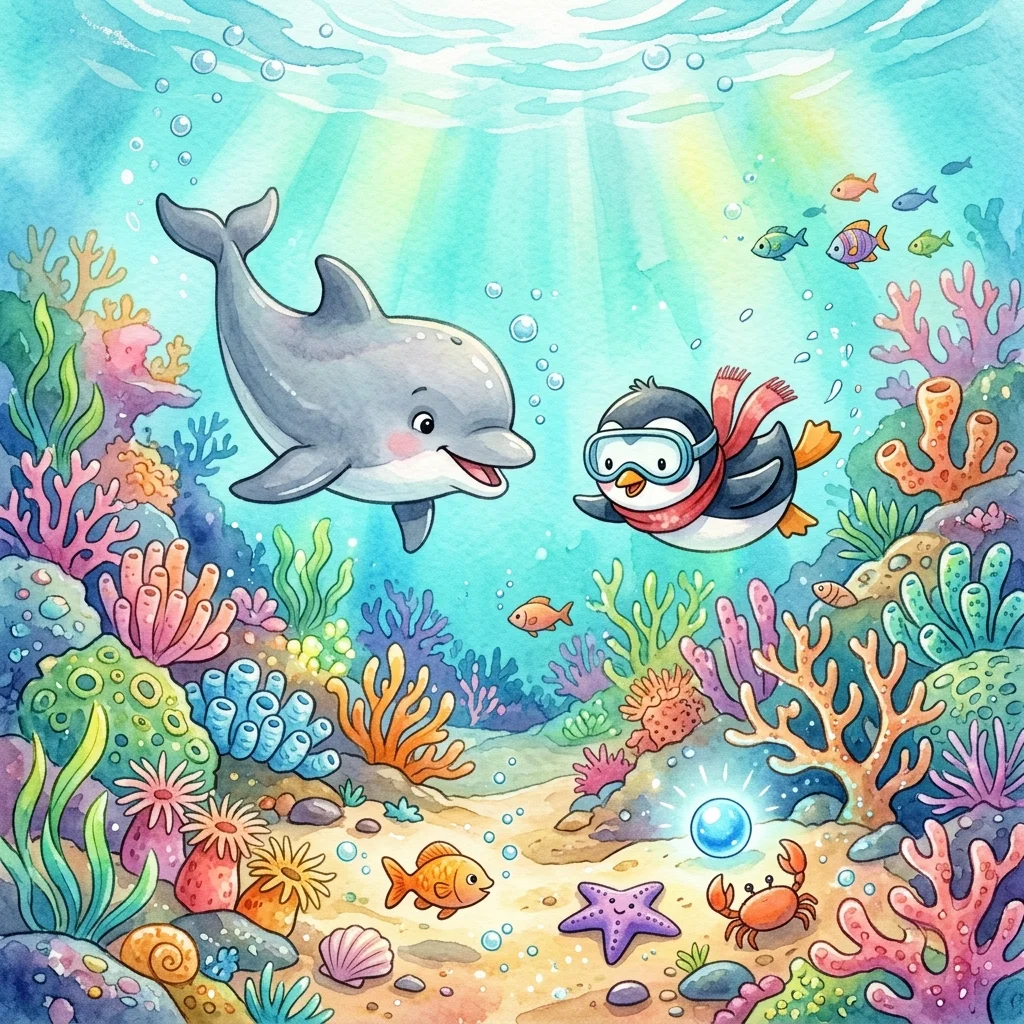 Baby dolphin Delilah swimming with Pippin near the ocean floor - adventure bedtime story