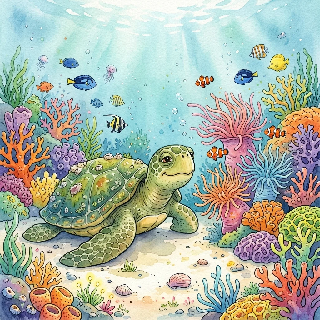 Friendly old sea turtle Barnaby resting on a sandy patch next to corals - adventure bedtime story