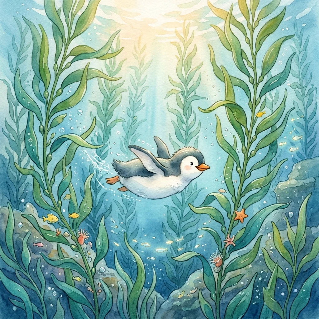 Pippin swimming through a thick forest of tall green kelp - adventure bedtime story