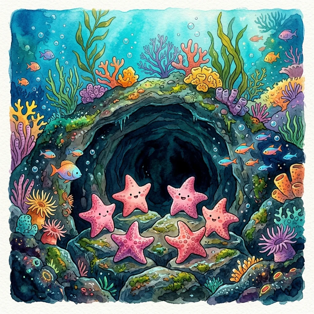 A group of pink starfish gathered on rocks at the entrance of a deep cave - adventure bedtime story