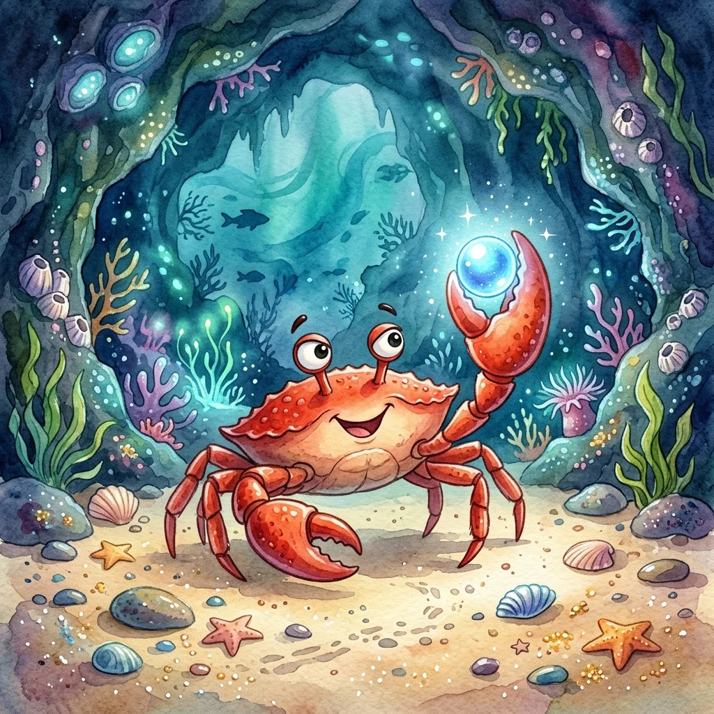 A cheeky red crab holding a glowing blue pearl in its claw on a sandy cave floor - adventure bedtime story