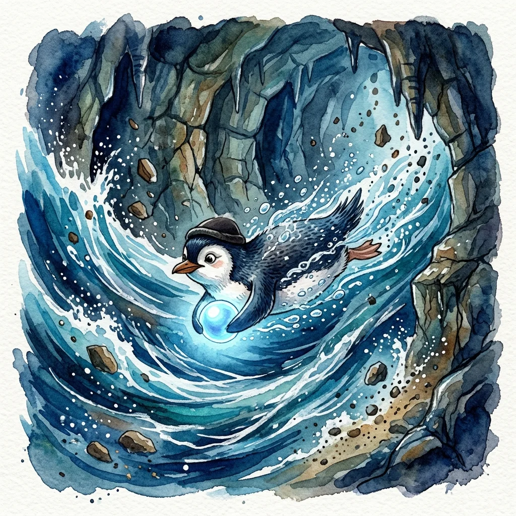 Pippin holding a glowing blue pearl and swimming against a fast underwater current - adventure bedtime story