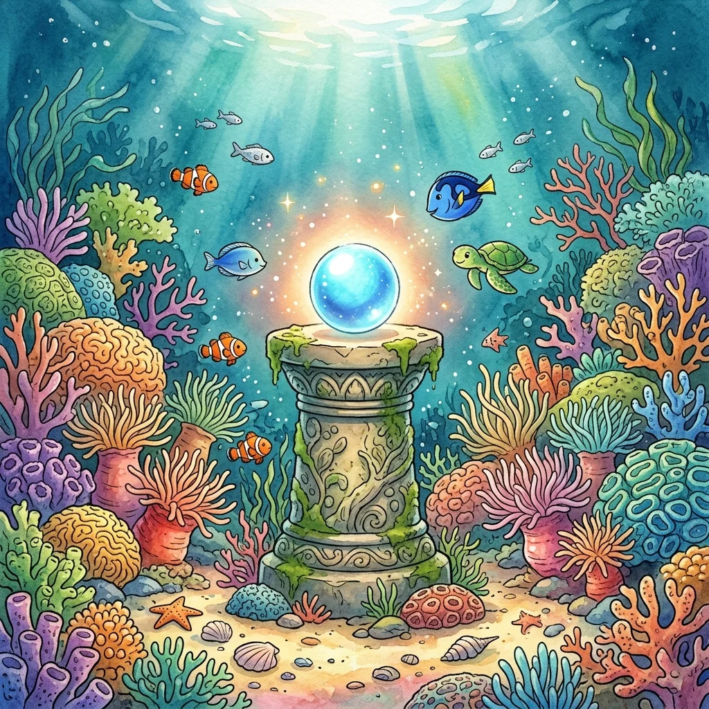 A glowing blue pearl placed on top of a stone pedestal in a colorful coral garden - adventure bedtime story