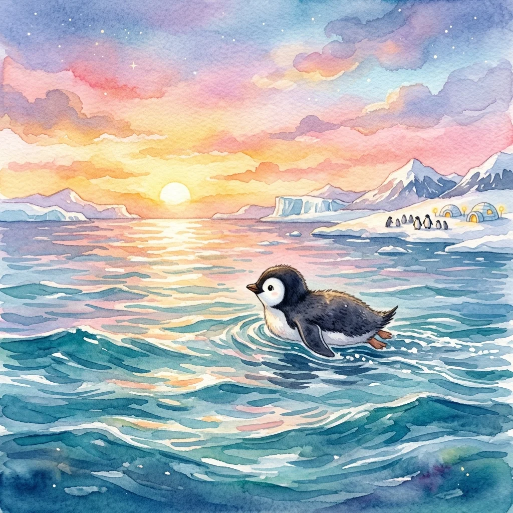 Pippin swimming back home in the ocean under a pink and golden sunset sky - adventure bedtime story