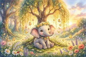Ella the gentle baby elephant under glowing willow tree - Kindness story for kids