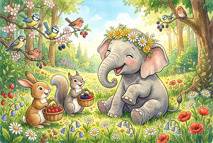 Woodland animals celebrating and sharing berries with Ella the elephant - kindness story for kids