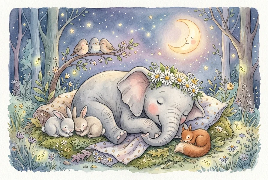 Ella the gentle elephant sleeping peacefully with woodland friends under starry sky - kindness story for kids