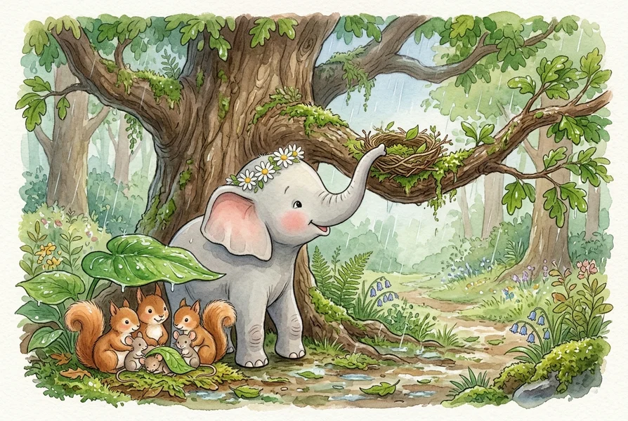 Ella the gentle elephant lifting fallen nest and sheltering forest friends - kindness story for kids