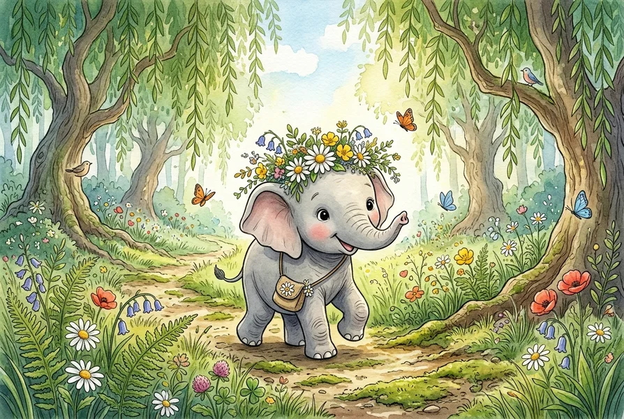 Ella the gentle elephant strolling happily in Whispering Willow Grove - kindness story for kids