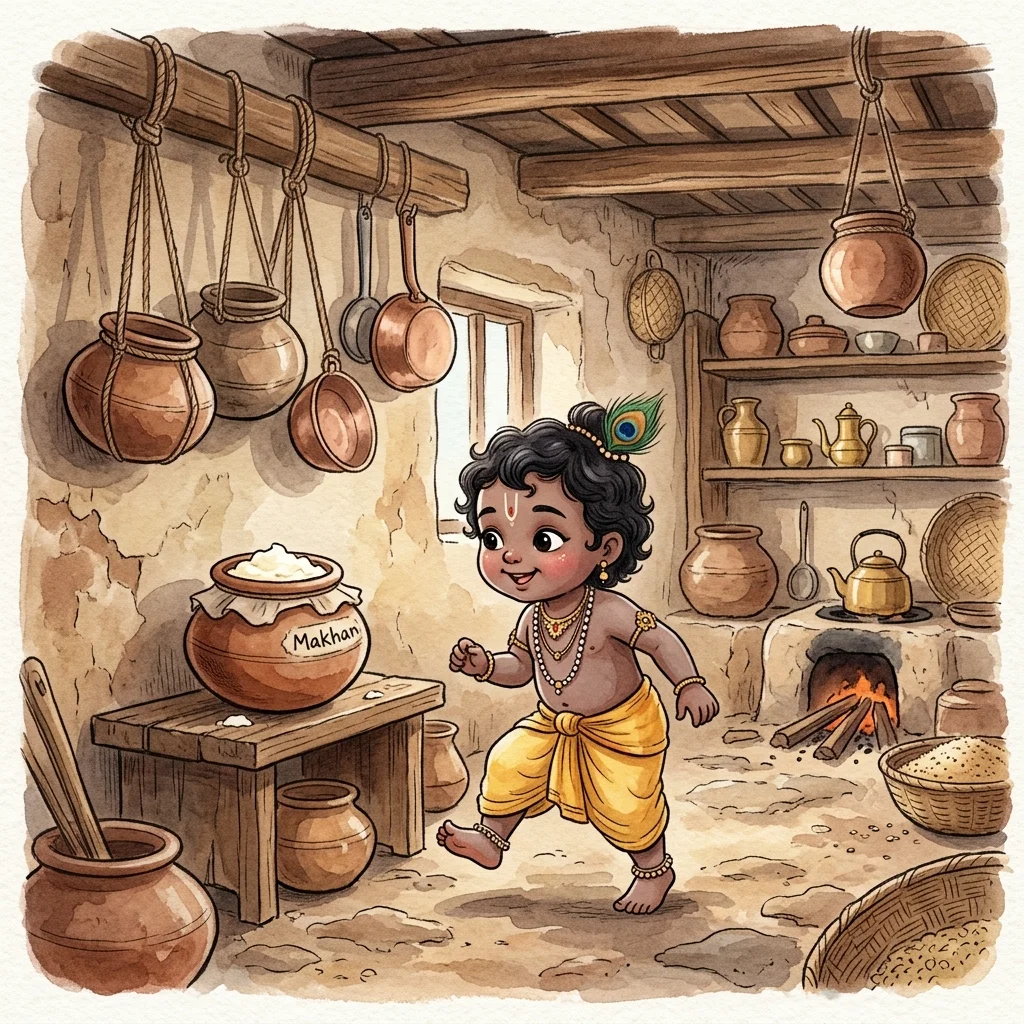 Little Krishna tiptoeing in kitchen in krishna story for kids