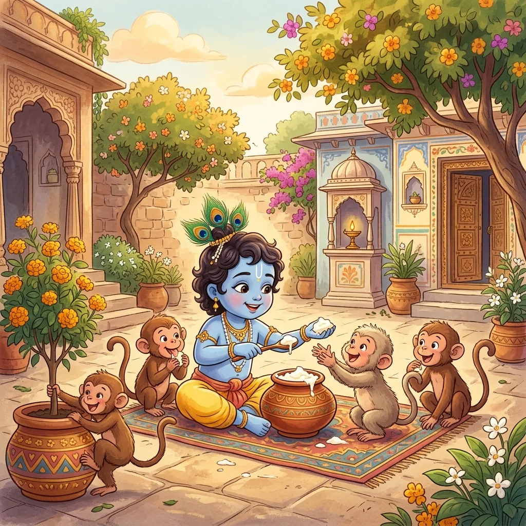 Little Krishna sharing fresh butter with monkeys in krishna story for kids