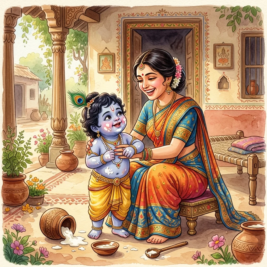 Mother Yashoda catching Little Krishna with butter in krishna story for kids