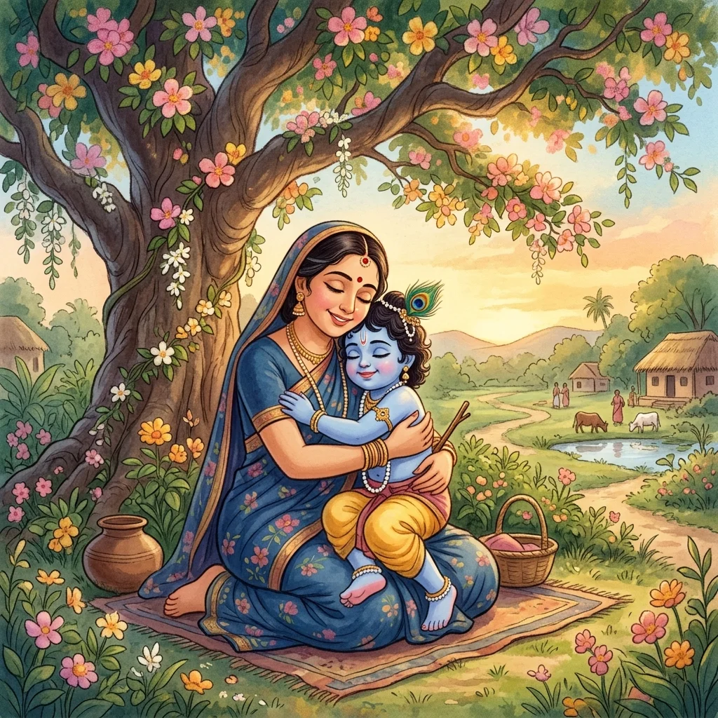 Mother Yashoda hugging Little Krishna lovingly under a tree