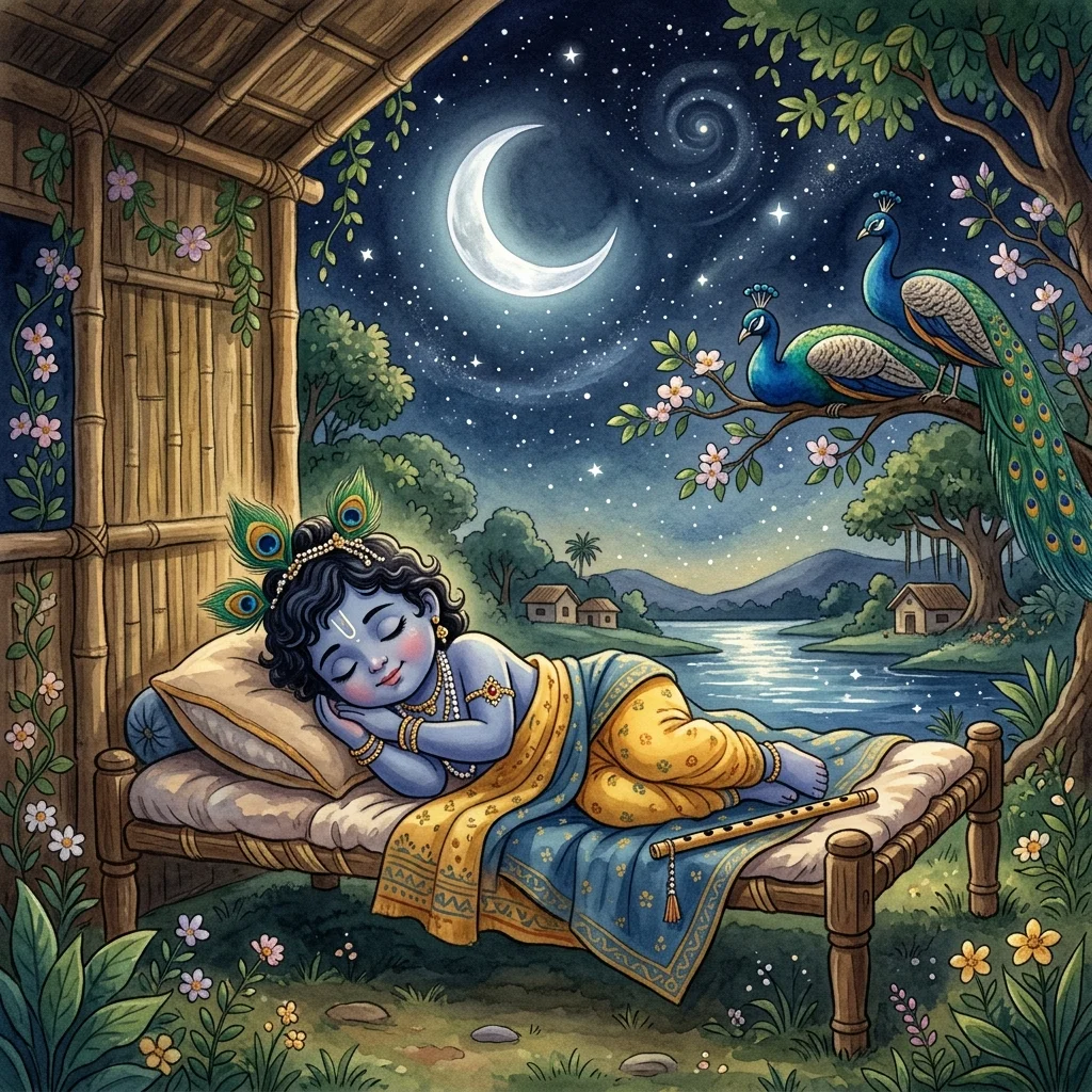 Little Krishna resting under a starry night sky in Vrindavan