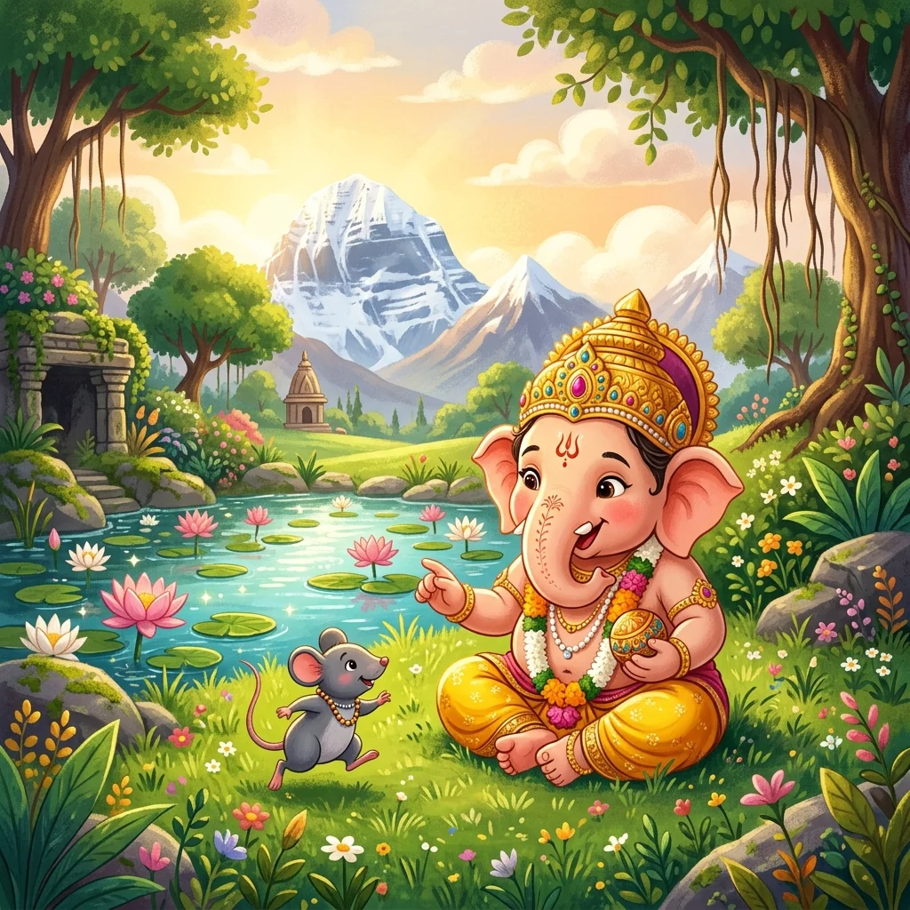 Little Ganesha playing near lotus pond with mouse Mooshak - ganesha story for kids
