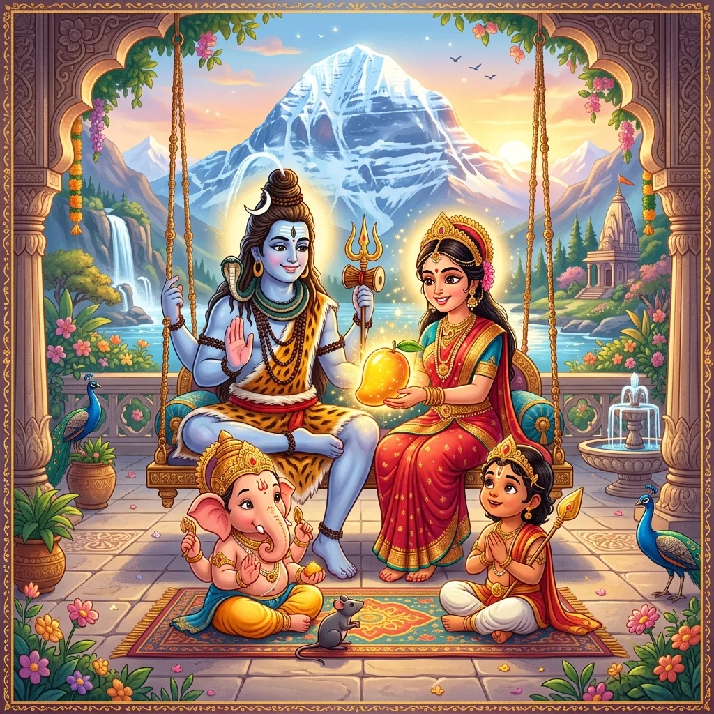 Lord Shiva and Goddess Parvati showing golden mango to Ganesha - ganesha story for kids