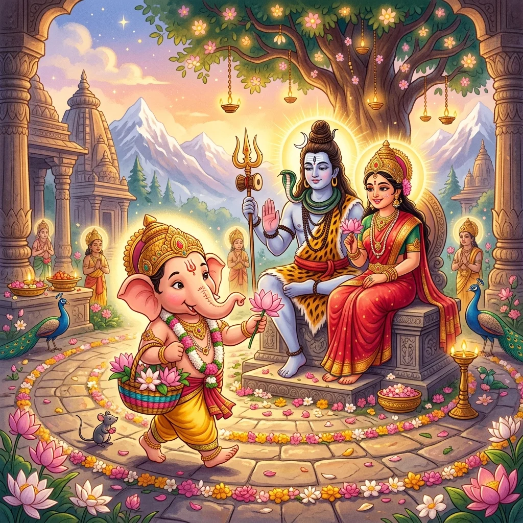 Little Ganesha circumambulating his parents with devotion - ganesha story for kids