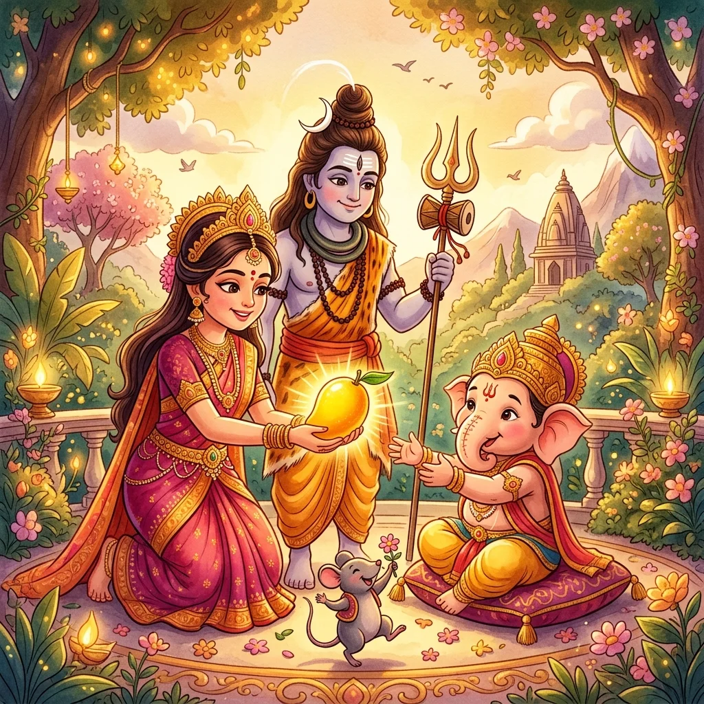 Lord Shiva awarding the golden mango of wisdom to Little Ganesha - ganesha story for kids
