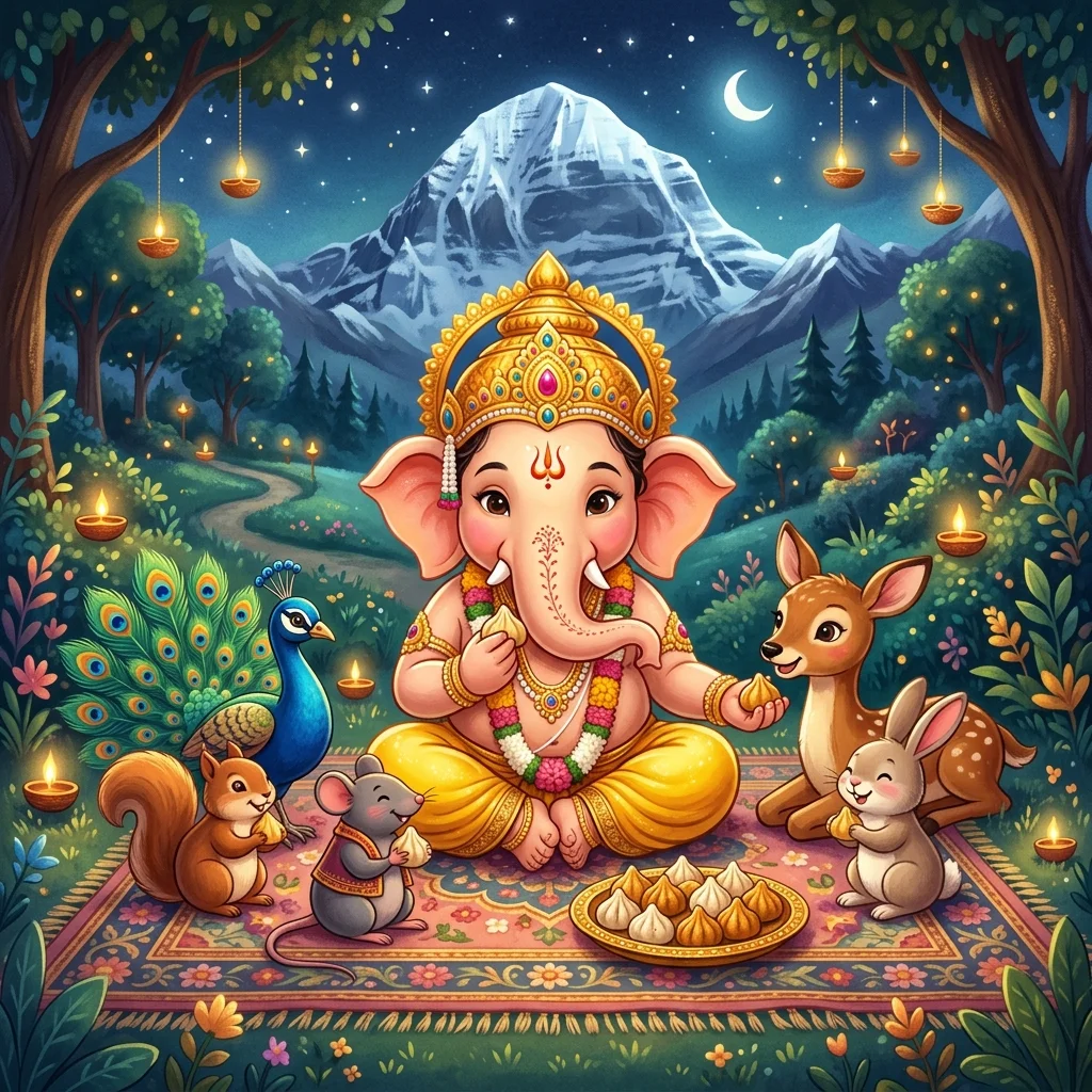 Ganesha sharing sweet modaks with forest animals under starry sky - ganesha story for kids