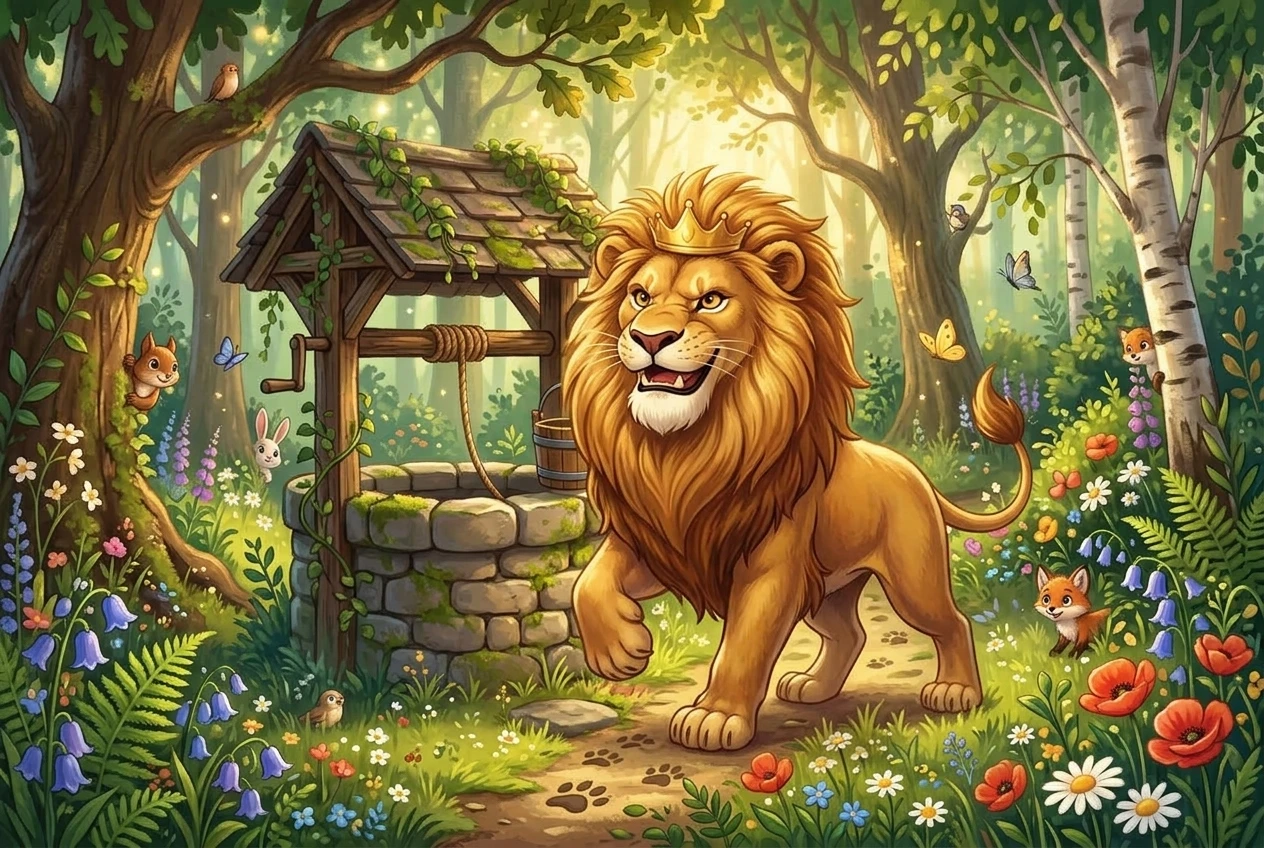 Fierce proud lion stomping in green jungle in Panchatantra story for kids
