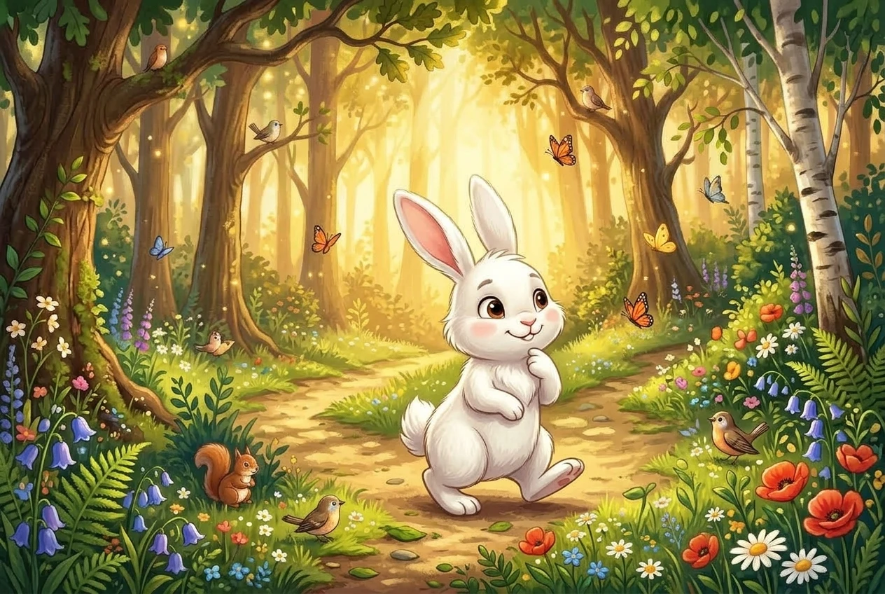 Brave clever white rabbit walking thoughtfully along forest path in Panchatantra story for kids