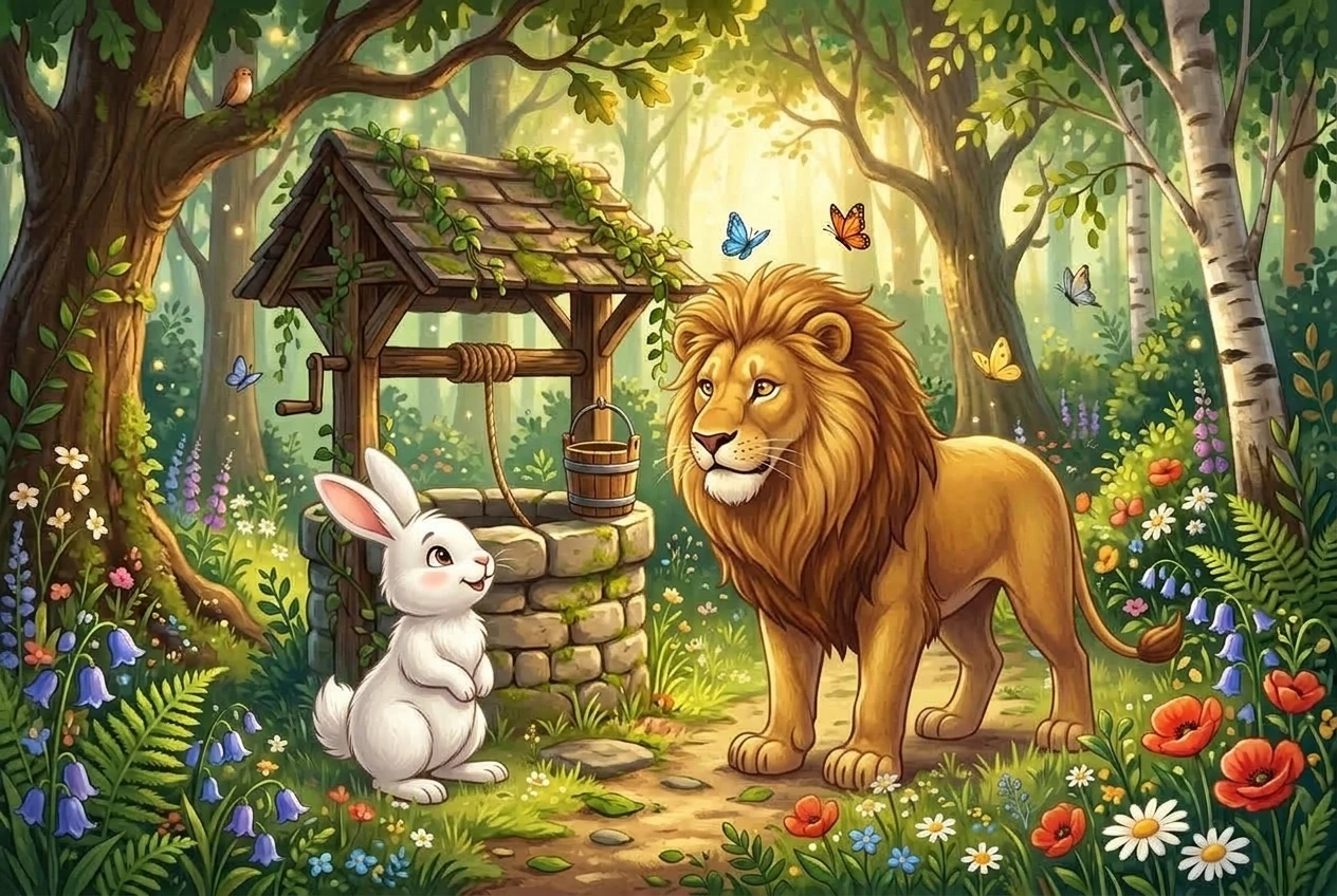 Clever white rabbit speaking politely to big lion near well in Panchatantra story for kids