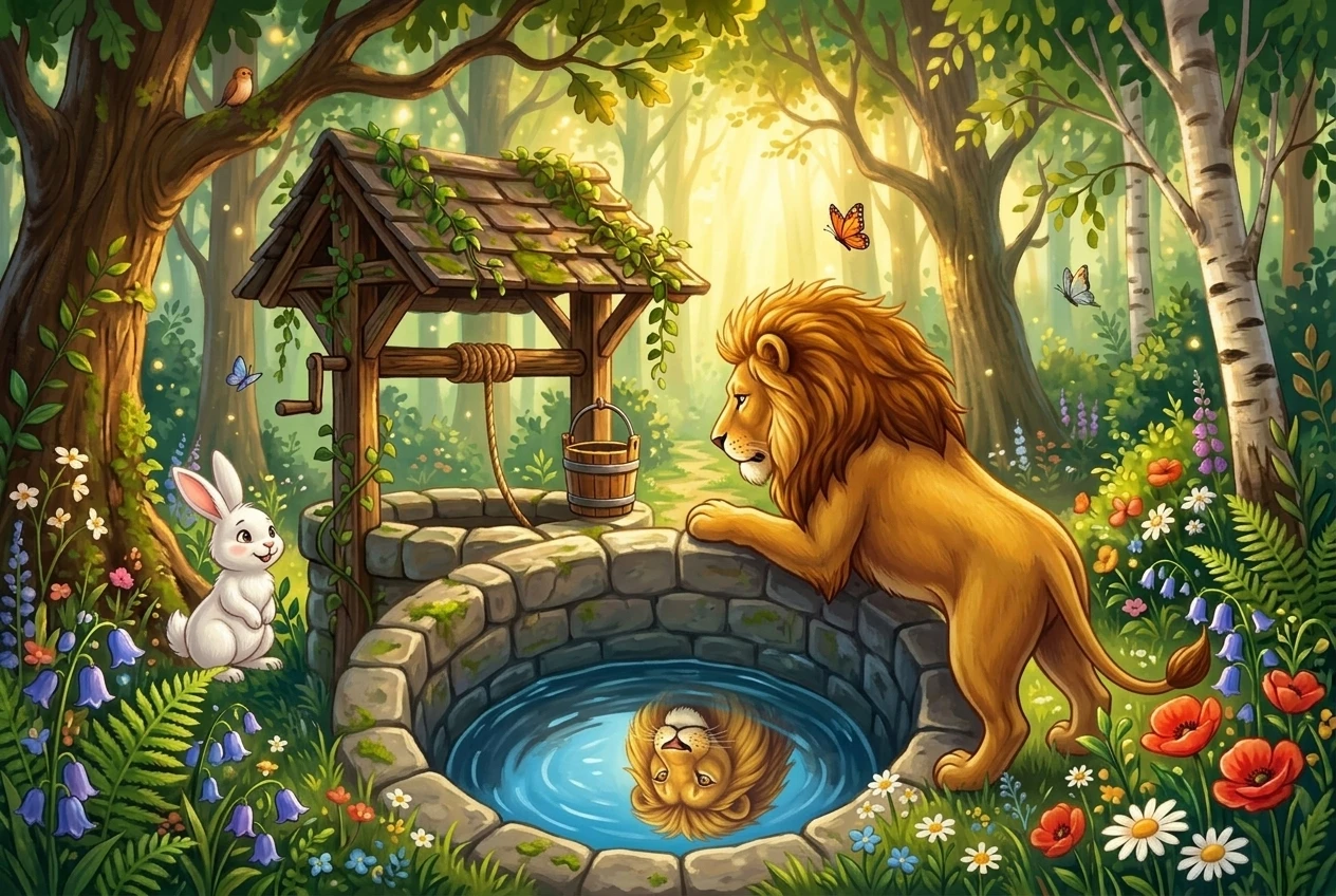 Proud lion looking down at his own reflection in water well in Panchatantra story for kids