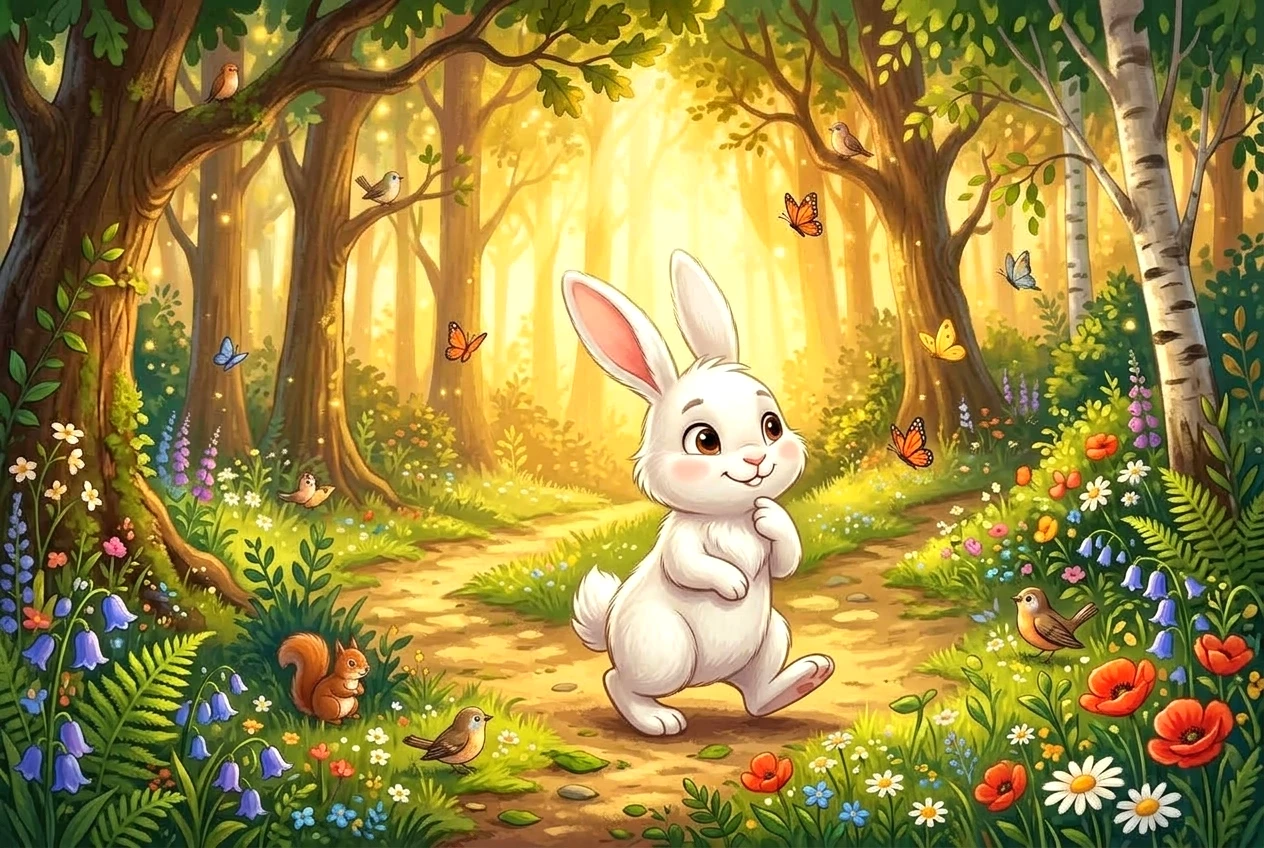 Happy clever white rabbit celebrating in sunlit meadow in Panchatantra story for kids