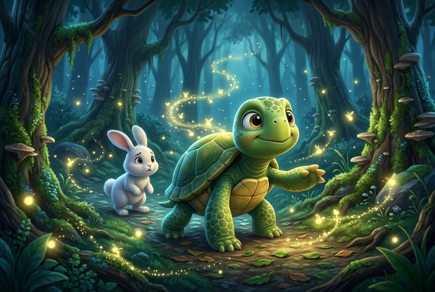 Timmy the turtle leading Barnaby bunny through dark forest with fireflies - Courage story for kids