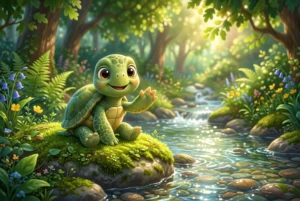 Timmy the courageous turtle resting near Whispering Creek - Courage story for kids