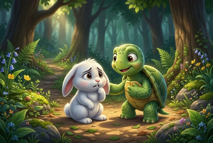 Timmy the courageous turtle reassuring worried Barnaby bunny - Courage story for kids