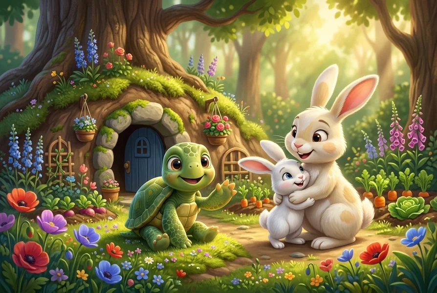 Timmy the turtle happily reuniting Barnaby bunny with mother rabbit - Courage story for kids