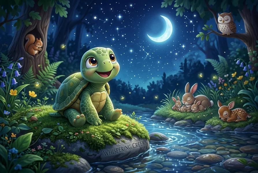 Timmy the courageous turtle looking up at starry night sky with forest friends - Courage story for kids