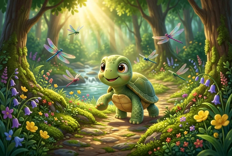 Timmy the little turtle strolling along Whispering Creek path - Courage story for kids