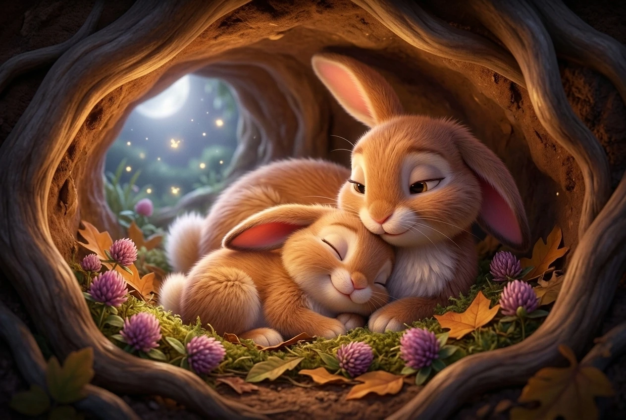 Ruby sleeping peacefully in burrow - bedtime story for kids