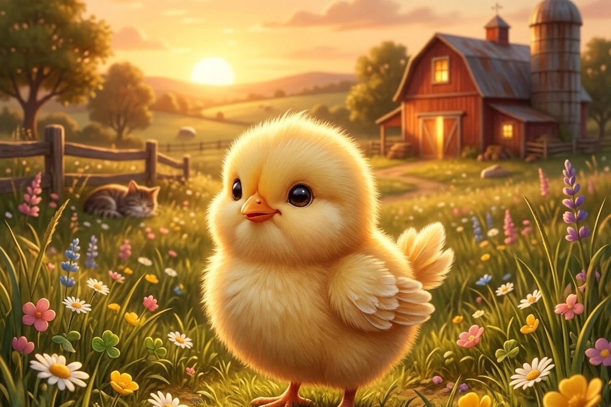 Pip chick standing in flower meadow on Sunnyside Farm at sunset outside the red barn coop in chick bedtime story for kids