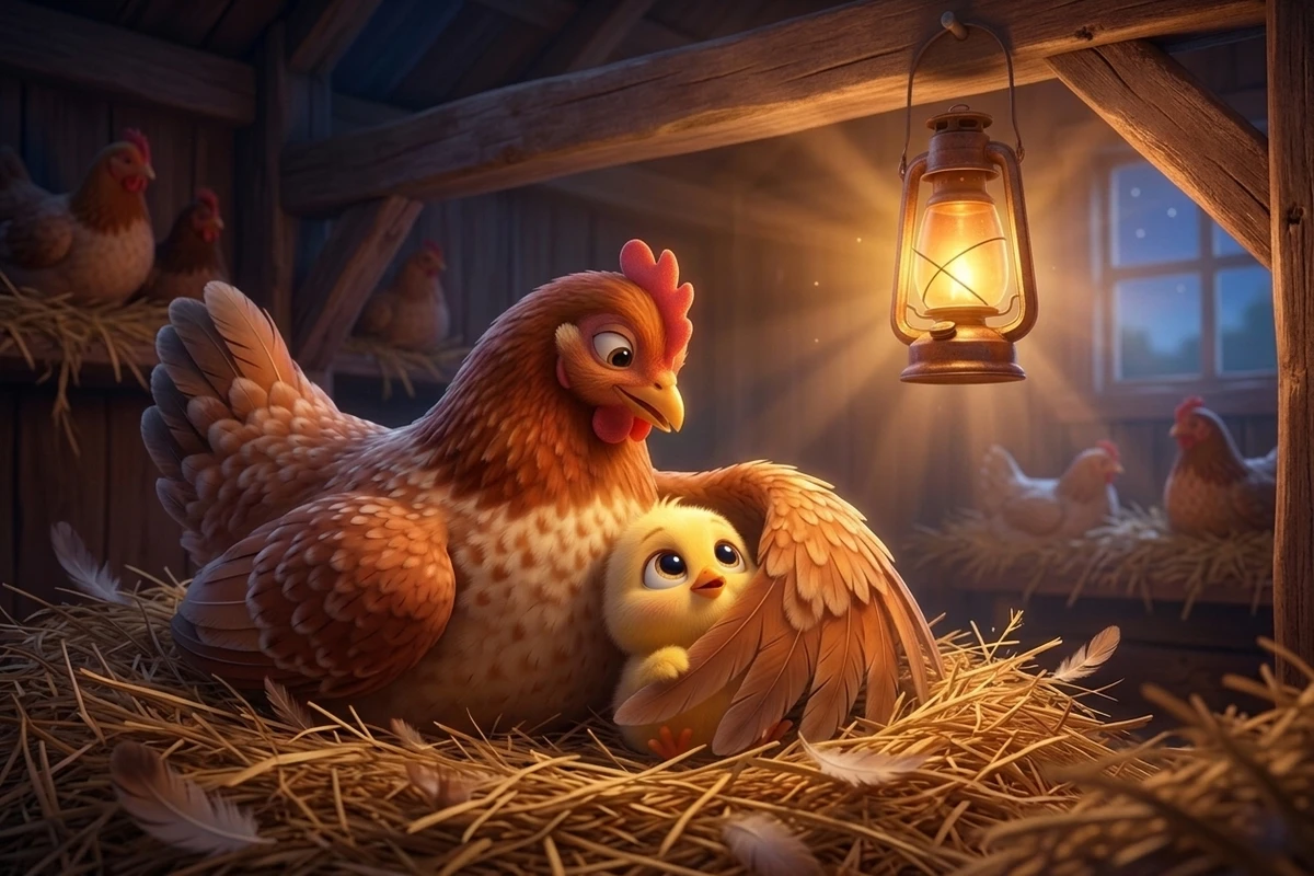 Amber nightlight lantern shining warm golden rays in the barn coop as Pip peeks out safely under Mother Hen's wing in chick bedtime story for kids