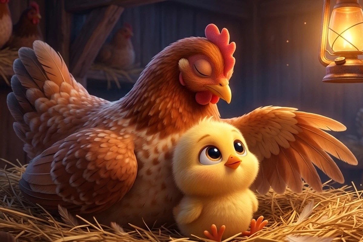 Mother Hen sleeping peacefully with wings sheltering Pip chick resting cozily in straw nest in chick bedtime story for kids