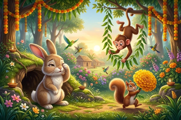 Curious bunny waking up watching a playful monkey and squirrel carrying flowers for festival morning