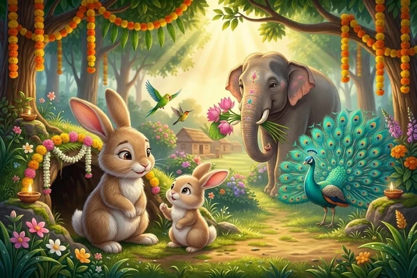 Curious bunny asking her loving mother about festive forest celebrations in this dasara story for kids