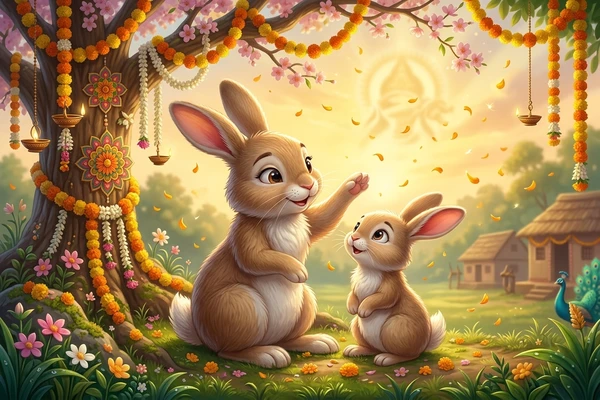 Mother rabbit gently teaching her little bunny about Goddess Durga under warm morning sky